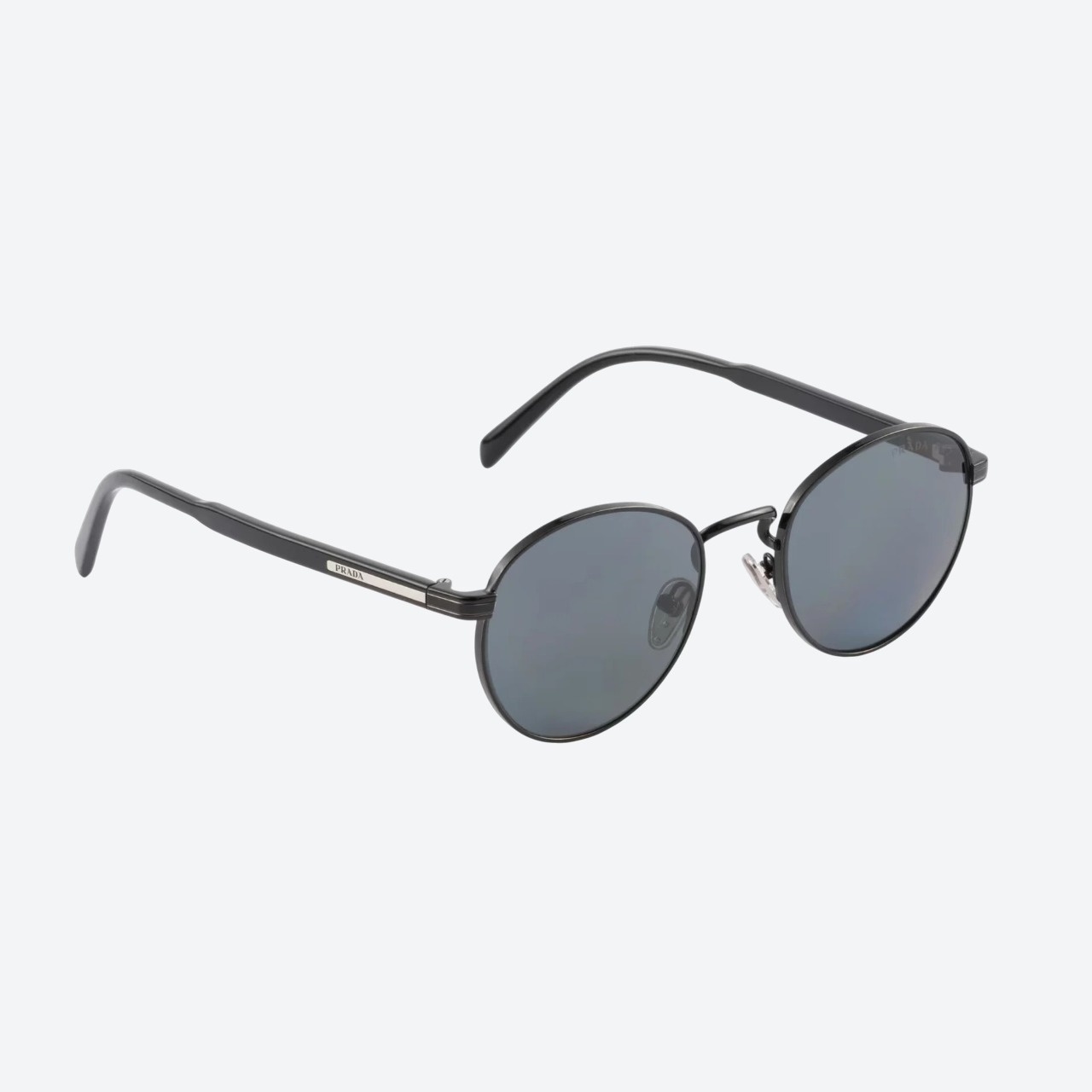 Prada Iconic Metal Plaque sunglasses in black with metal triangle logo and black lenses
